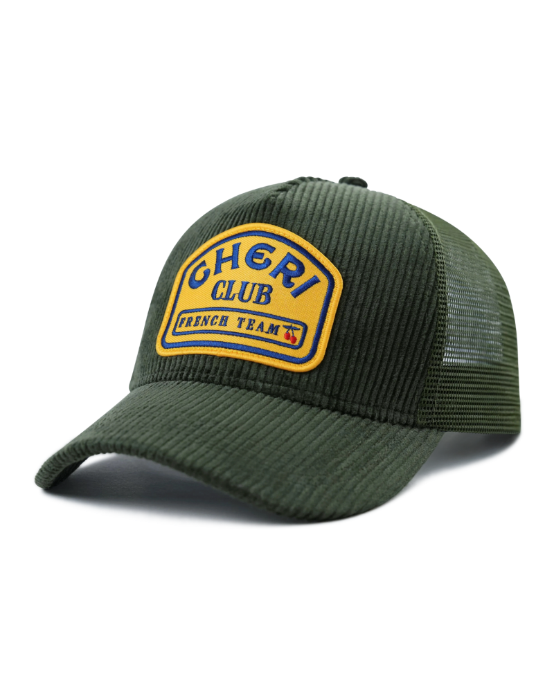 Casquette cheri club trucker velours côtelé vert olive patch camel trophy