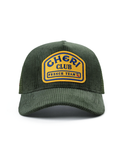 Casquette cheri club trucker velours côtelé vert olive patch camel trophy